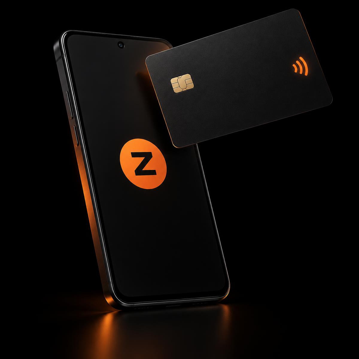 Smartphone showing the Zaka logo beside a contactless card